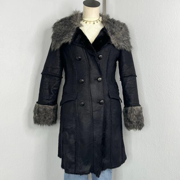 Vintage Black Afghan Coat Double Breasted Faux Fur Faux Suede Size Small - Picture 1 of 12